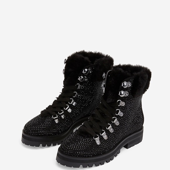 Rhinestone Embellished Faux Fur Combat Boots!! - Picture 1 of 2
